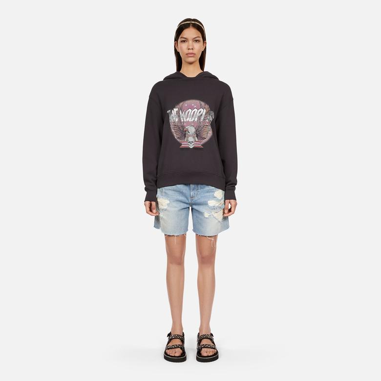 KADIN BASKILI KAPÜŞONLU GRİ SWEATSHIRT