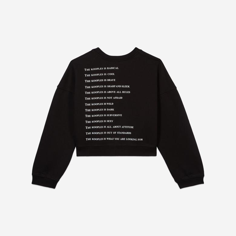 KADIN BASKILI BİSİKLET YAKA SİYAH CROP  SWEATSHIRT