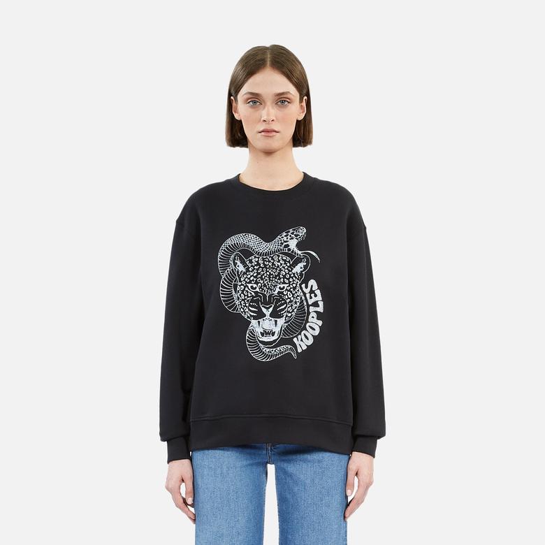 KADIN BASKILI BİSİKLET YAKA SİYAH SWEATSHIRT