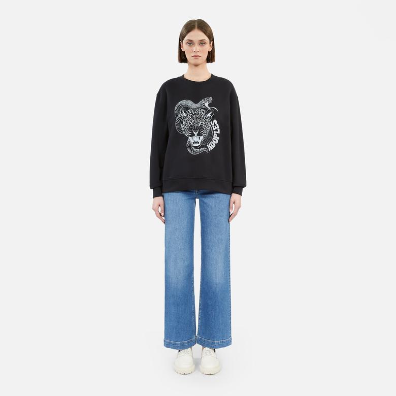 KADIN BASKILI BİSİKLET YAKA SİYAH SWEATSHIRT