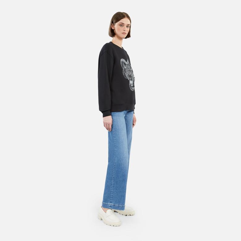 KADIN BASKILI BİSİKLET YAKA SİYAH SWEATSHIRT