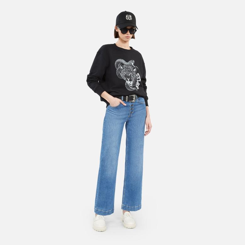 KADIN BASKILI BİSİKLET YAKA SİYAH SWEATSHIRT