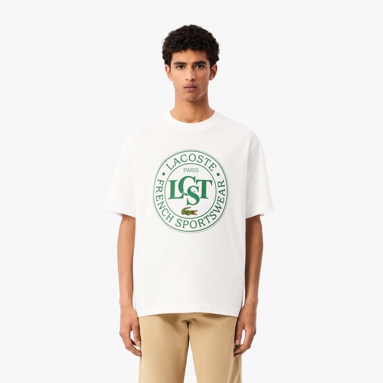 Lacoste Erkek Loose Fit Bisiklet Yaka Baskılı Beyaz T-Shirt