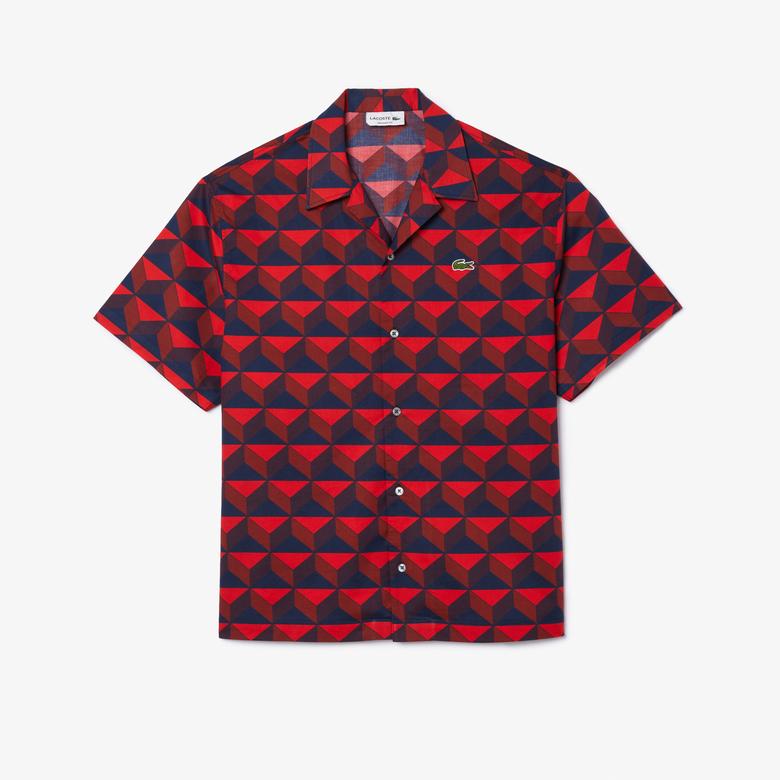 Lacoste Erkek Relaxed Fit Kısa Kollu Monogram Bordo Gömlek