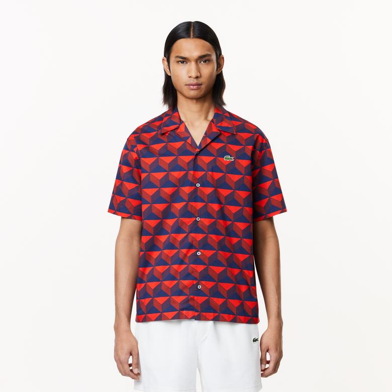 Lacoste Erkek Relaxed Fit Kısa Kollu Monogram Bordo Gömlek