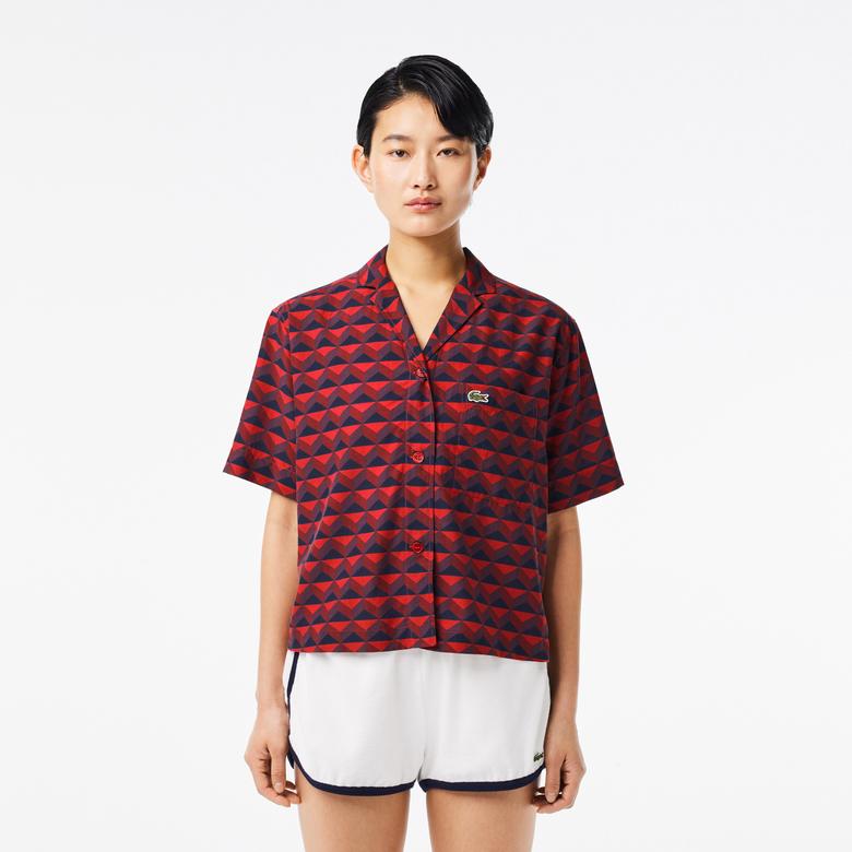 Lacoste Kadın Relaxed Fit Kısa Kollu Monogram Bordo Gömlek