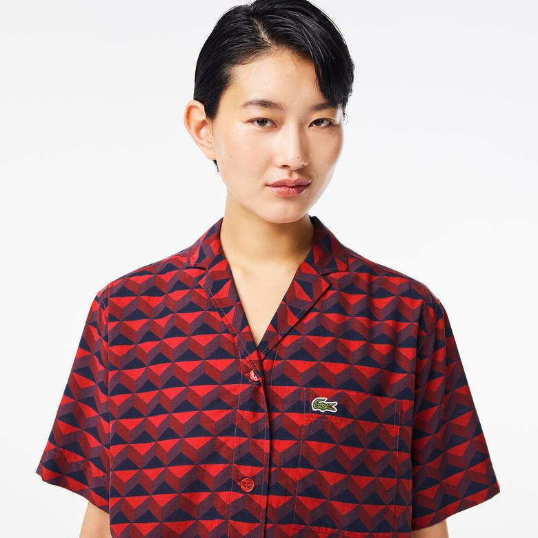 Lacoste Kadın Relaxed Fit Kısa Kollu Monogram Bordo Gömlek