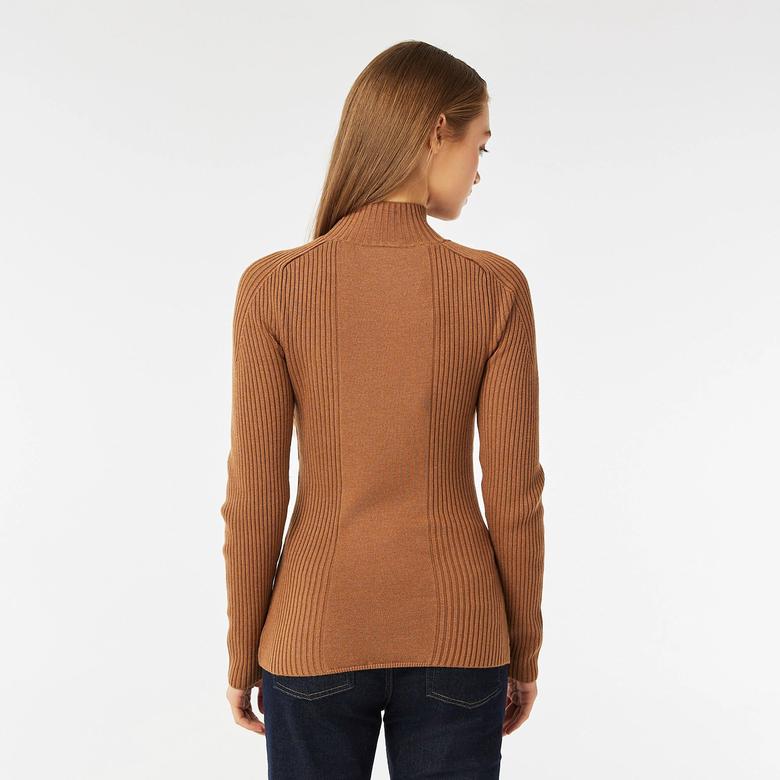 Lacoste Kadın Slim Fit Dik Yaka Kahverengi Kazak