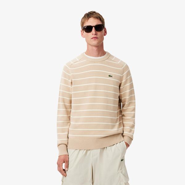 Lacoste Erkek Classic Fit Bisiklet Yaka Çizgili Bej Triko