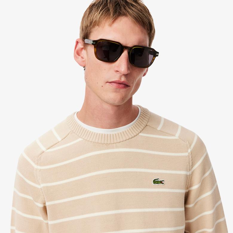 Lacoste Erkek Classic Fit Bisiklet Yaka Çizgili Bej Triko
