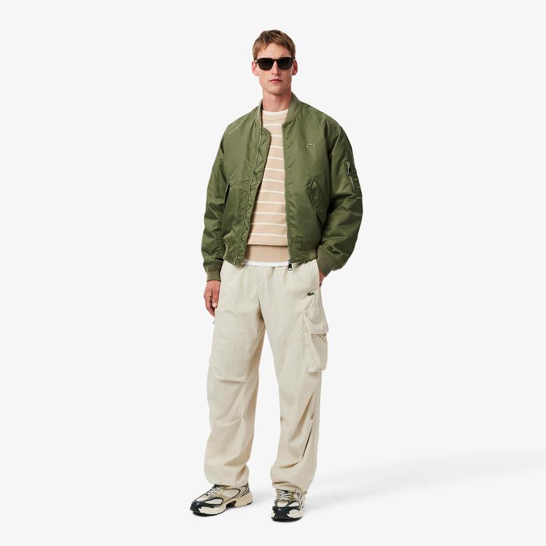 Lacoste Erkek Classic Fit Bisiklet Yaka Çizgili Bej Triko