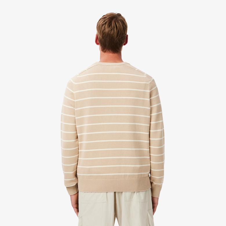 Lacoste Erkek Classic Fit Bisiklet Yaka Çizgili Bej Triko