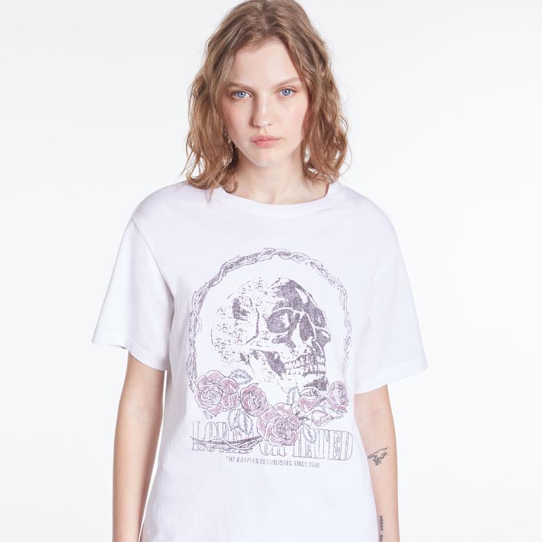 KADIN BİSİKLET YAKA BASKILI BEYAZ T-SHIRT