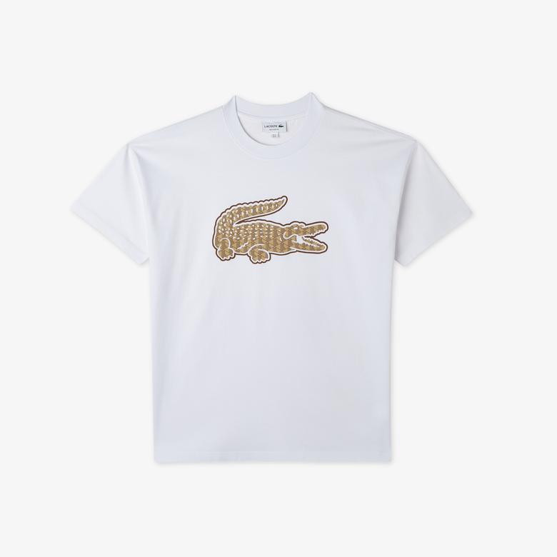 Lacoste Erkek Relaxed Fit Bisiklet Yaka Baskılı Beyaz T-Shirt