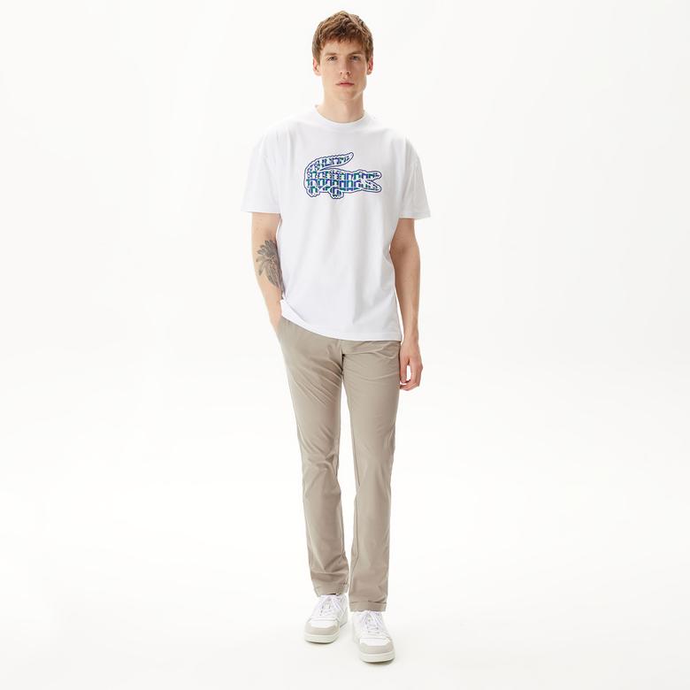 Lacoste Erkek Relaxed Fit Bisiklet Yaka Baskılı Beyaz T-Shirt