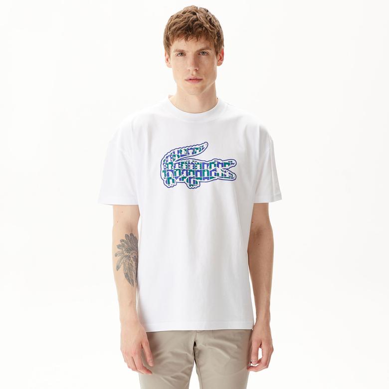 Lacoste Erkek Relaxed Fit Bisiklet Yaka Baskılı Beyaz T-Shirt
