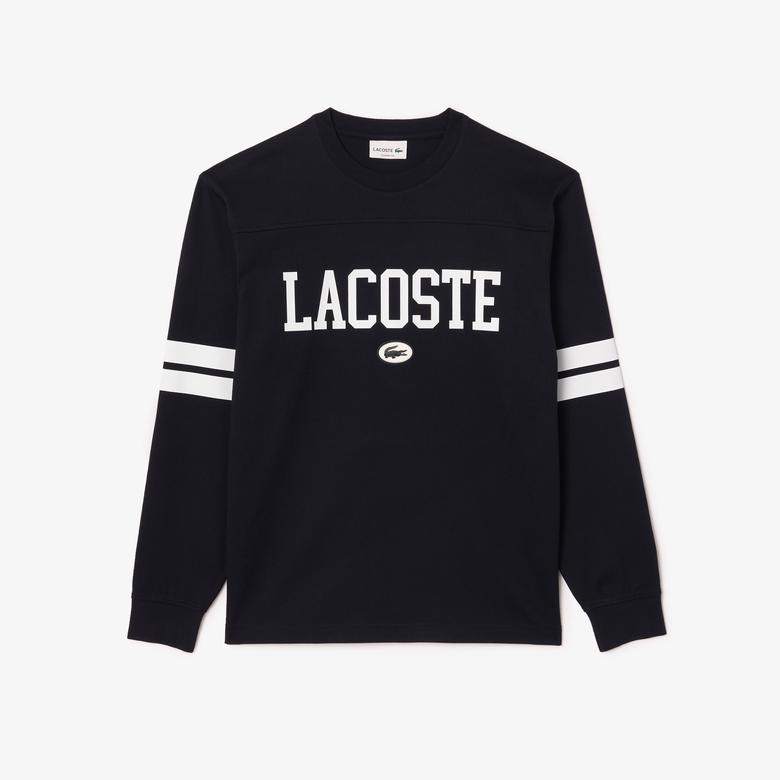 Lacoste Erkek Classic Fit Uzun Kollu Bisiklet Yaka Baskılı Siyah T-Shirt