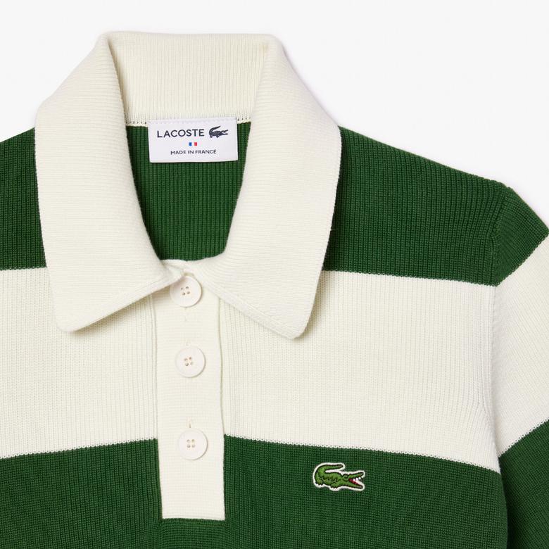 Lacoste Kadın Slim Fit Polo Yaka Çizgili Beyaz Elbise