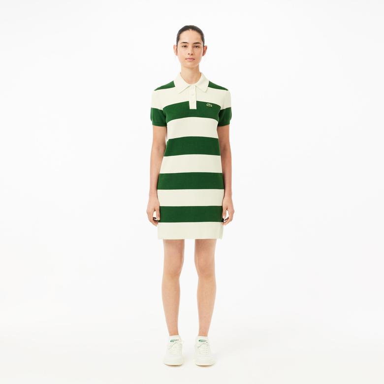 Lacoste Kadın Slim Fit Polo Yaka Çizgili Beyaz Elbise