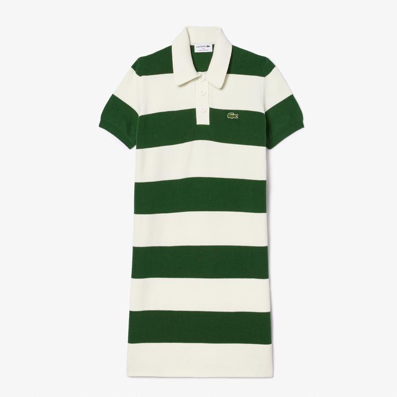 Lacoste Kadın Slim Fit Polo Yaka Çizgili Beyaz Elbise