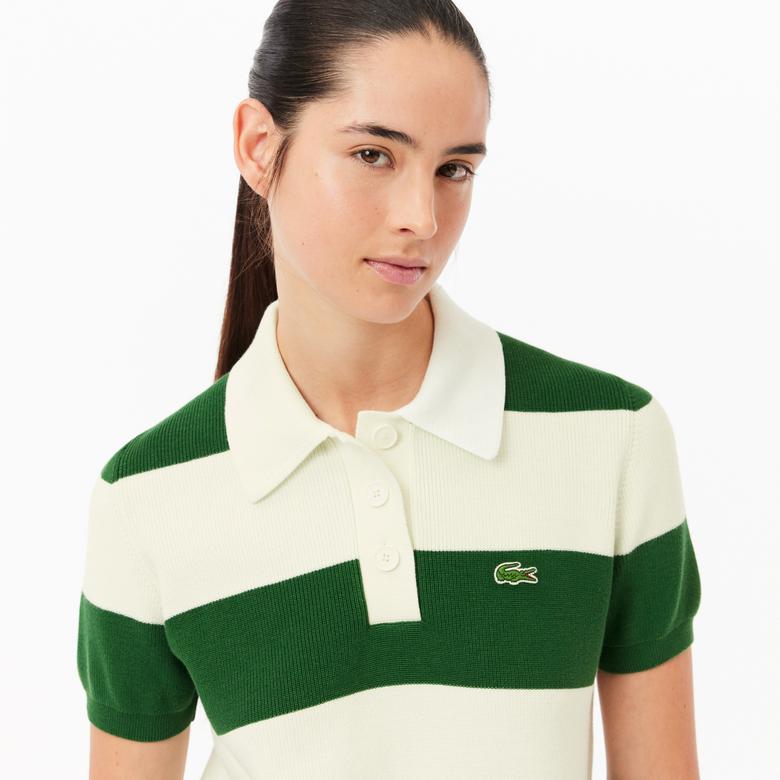 Lacoste Kadın Slim Fit Polo Yaka Çizgili Beyaz Elbise