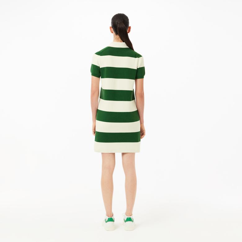 Lacoste Kadın Slim Fit Polo Yaka Çizgili Beyaz Elbise