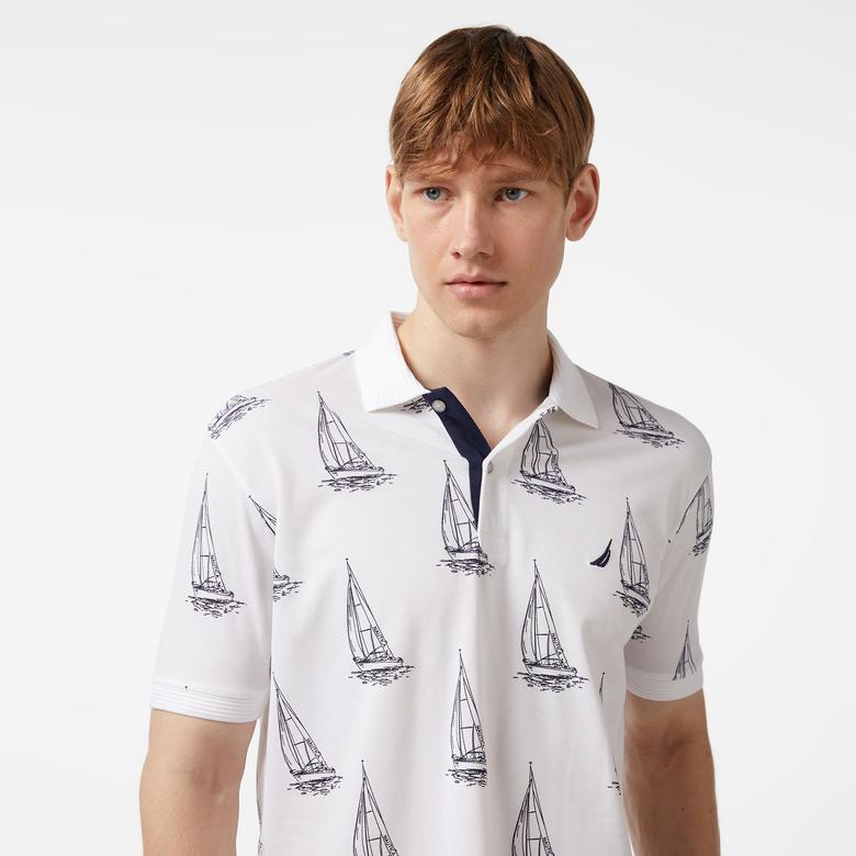 Nautica Erkek Beyaz Classic Fit Kısa Kollu Desenli Polo