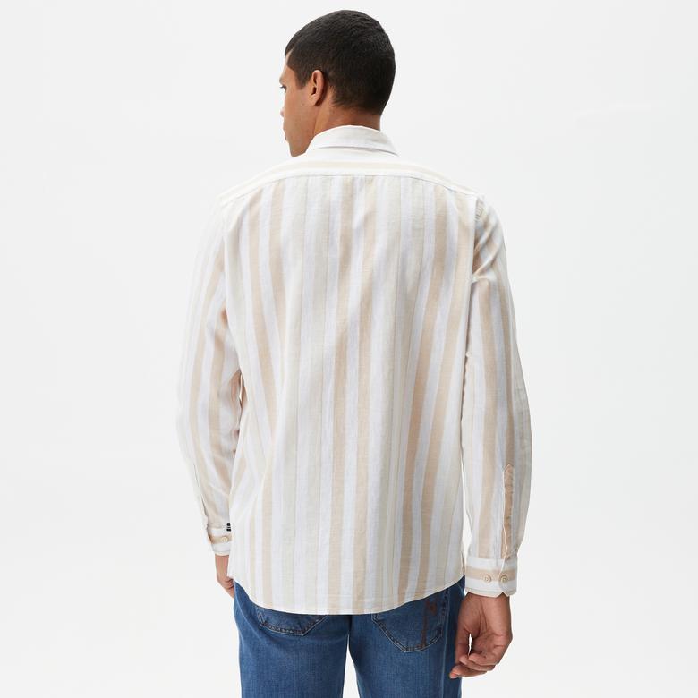 Nautica Erkek Kırık Beyaz Classic Fit Uzun Kollu Çizgili Keten Gömlek