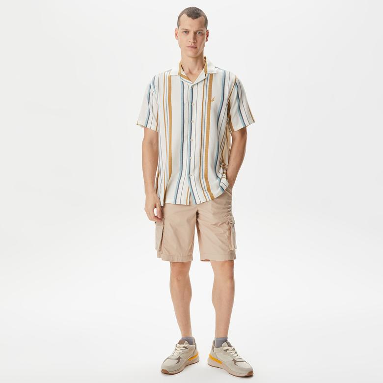 Nautica Erkek Kırık Beyaz Classic Fit Kısa Kollu Çizgili Gömlek