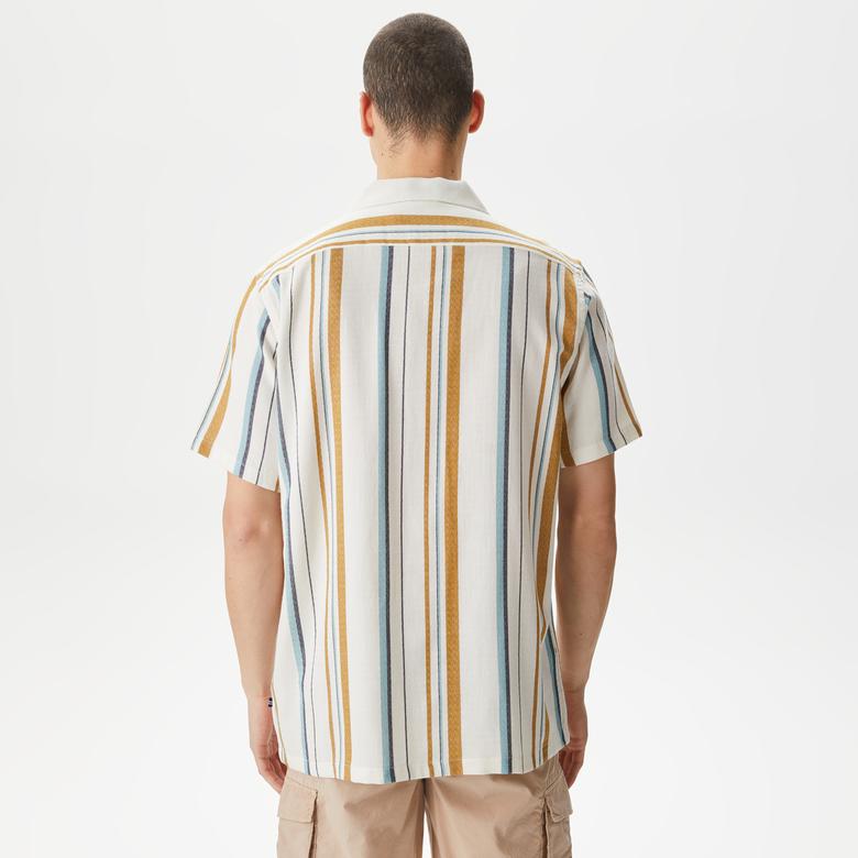 Nautica Erkek Kırık Beyaz Classic Fit Kısa Kollu Çizgili Gömlek