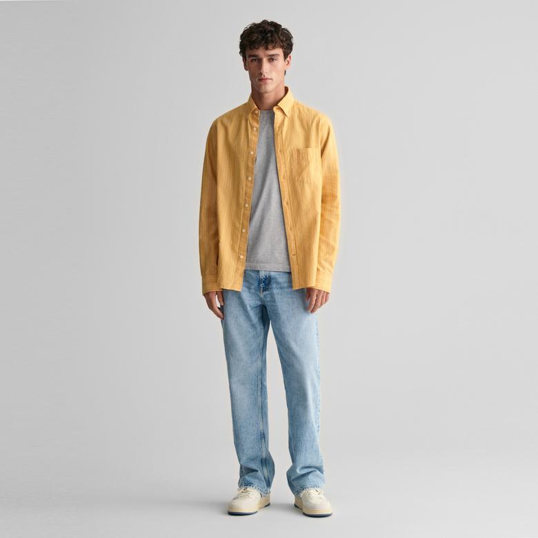 GANT Erkek Sarı Regular Fit Düğmeli Yaka Çizgili Oxford Gömlek