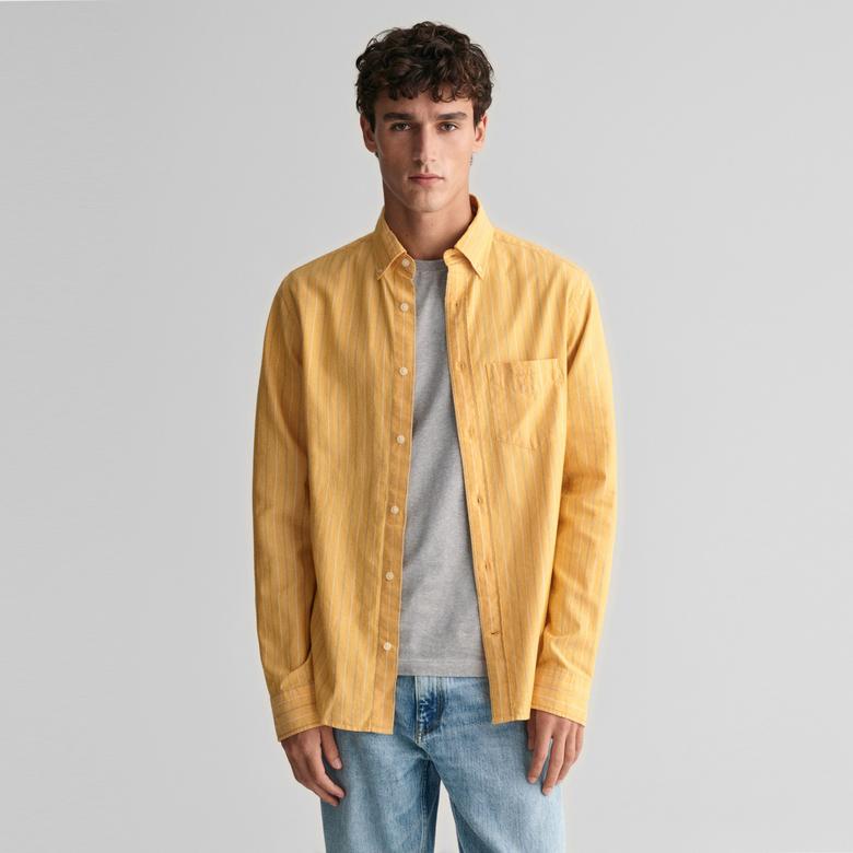 GANT Erkek Sarı Regular Fit Düğmeli Yaka Çizgili Oxford Gömlek