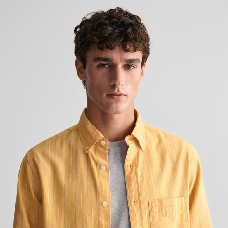 GANT Erkek Sarı Regular Fit Düğmeli Yaka Çizgili Oxford Gömlek