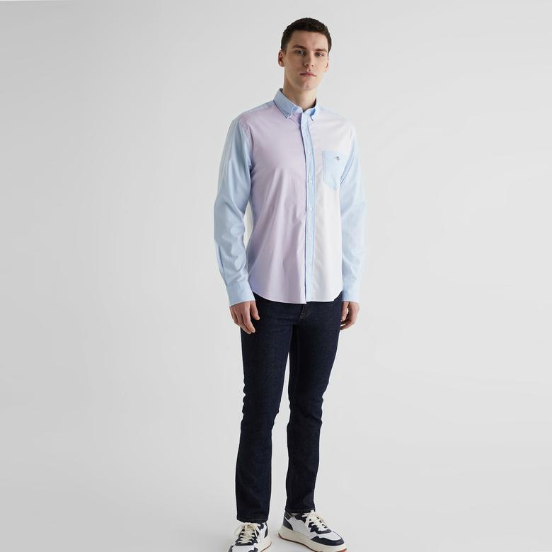 GANT Erkek Mavi Regular Fit Klasik Yaka Renk Bloklu Gömlek