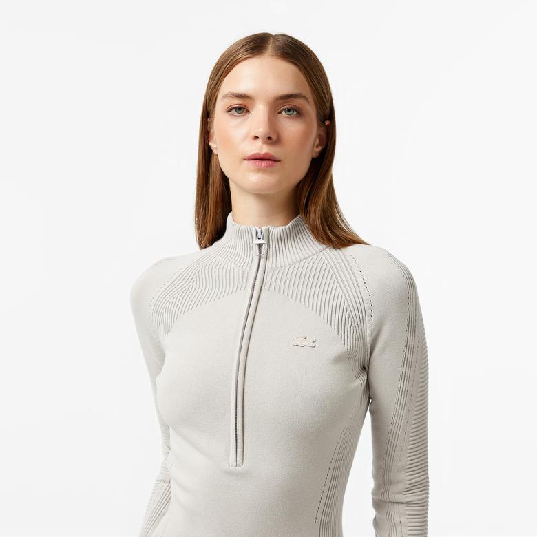 Lacoste Kadın Slim Fit Uzun Kollu Yarım Fermuarlı Gri Elbise