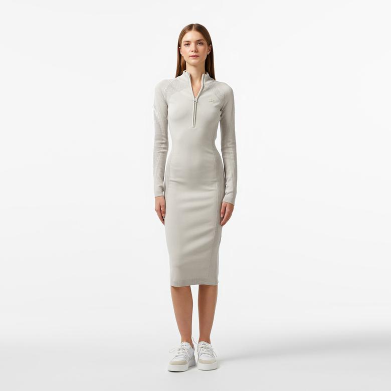 Lacoste Kadın Slim Fit Uzun Kollu Yarım Fermuarlı Gri Elbise