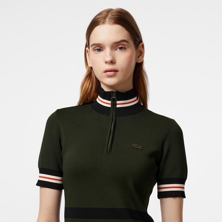 Lacoste Kadın Flare Fit Kısa Kollu Dik Yaka Haki Elbise