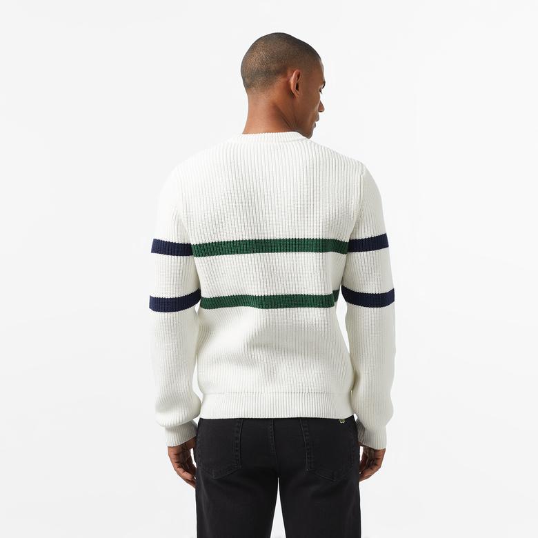 Lacoste Erkek Relaxed Fit Bisiklet Yaka Çizgili Beyaz Kazak