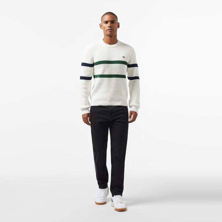 Lacoste Erkek Relaxed Fit Bisiklet Yaka Çizgili Beyaz Kazak