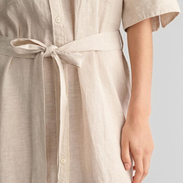 GANT Kadın Bej Relaxed Fit Polo Yaka Keten Elbise