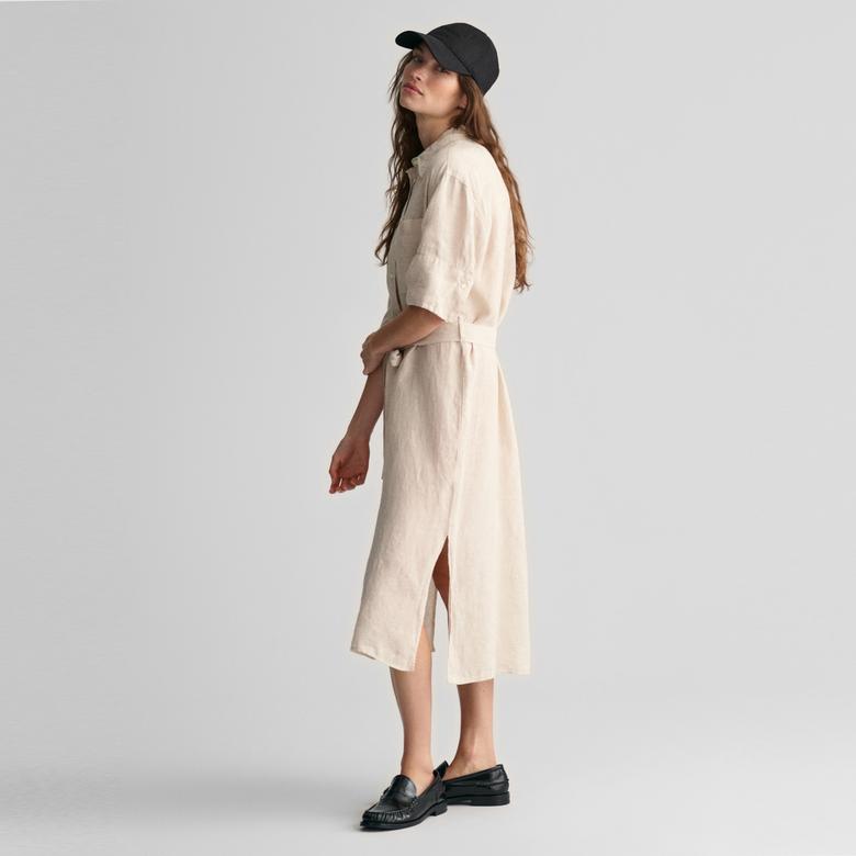 GANT Kadın Bej Relaxed Fit Polo Yaka Keten Elbise