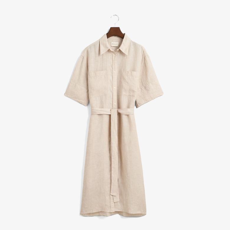 GANT Kadın Bej Relaxed Fit Polo Yaka Keten Elbise