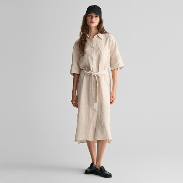 GANT Kadın Bej Relaxed Fit Polo Yaka Keten Elbise
