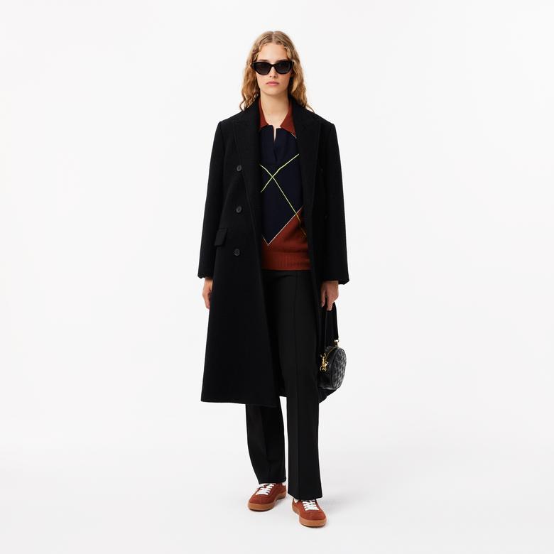 Lacoste Kadın Relaxed Fit Yün Polo Yaka Renk Bloklu Bordo Triko