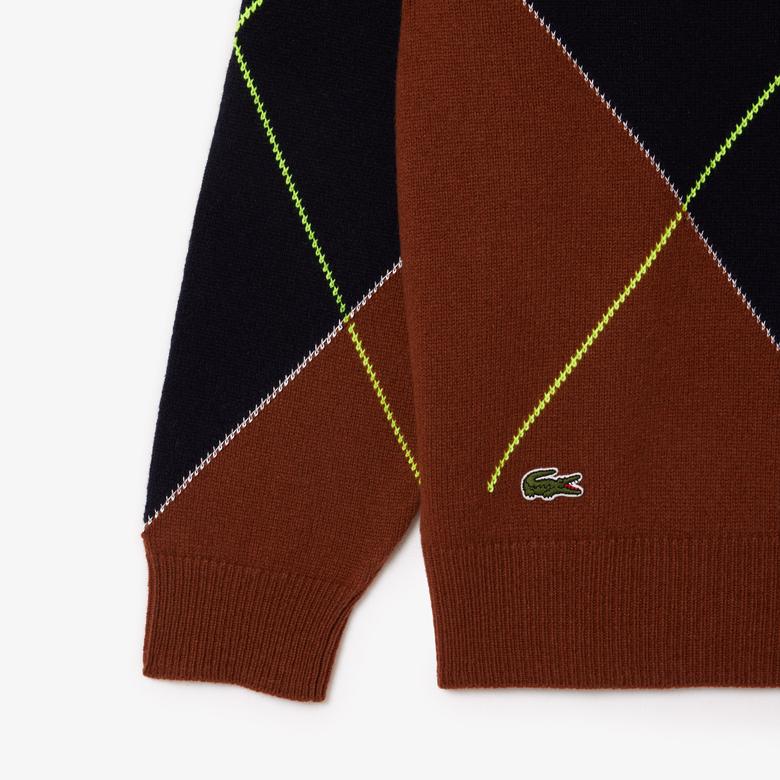 Lacoste Kadın Relaxed Fit Yün Polo Yaka Renk Bloklu Bordo Triko