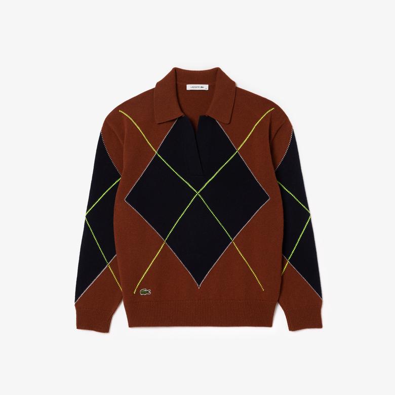 Lacoste Kadın Relaxed Fit Yün Polo Yaka Renk Bloklu Bordo Triko