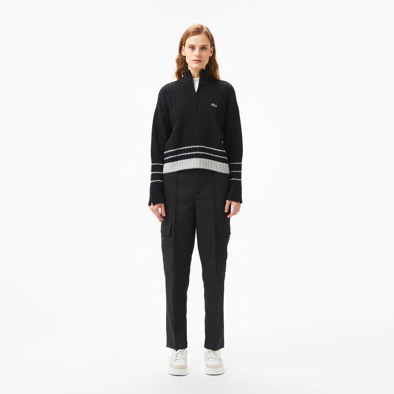 Lacoste Kadın Regular Fit Yarım Fermuarlı Renk Bloklu Siyah Kazak