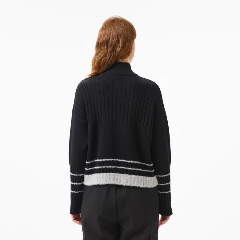 Lacoste Kadın Regular Fit Yarım Fermuarlı Renk Bloklu Siyah Kazak