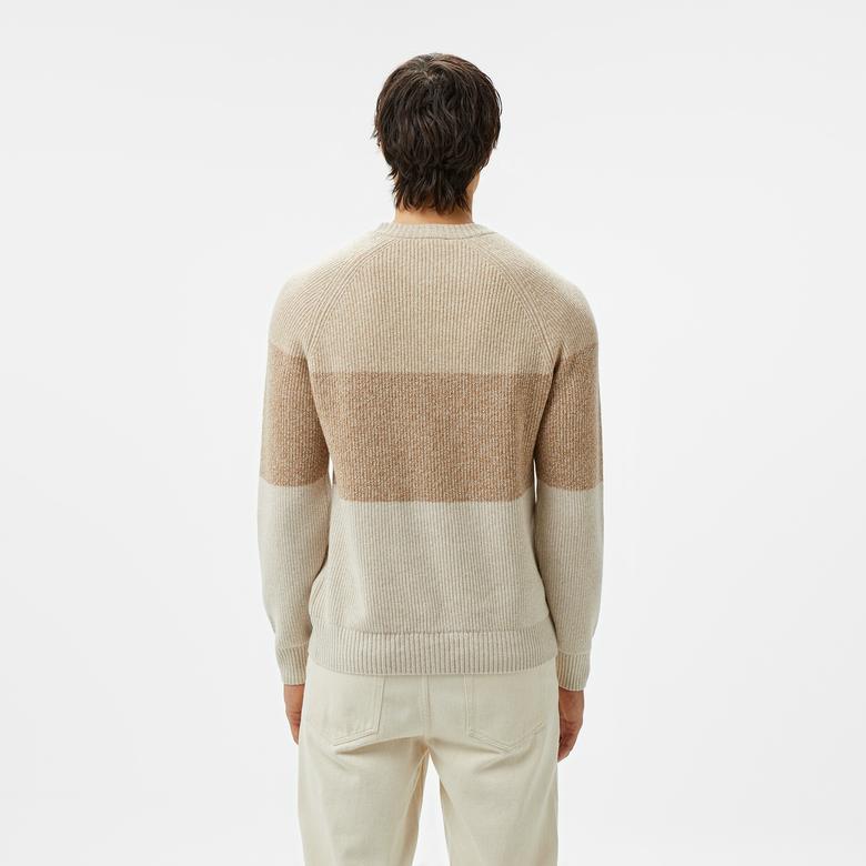 Lacoste Erkek Relaxed Fit Bisiklet Yaka Renk Bloklu Bej Kazak