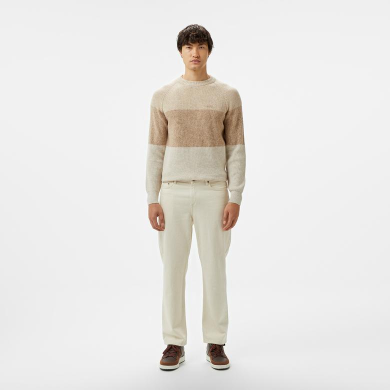 Lacoste Erkek Relaxed Fit Bisiklet Yaka Renk Bloklu Bej Kazak